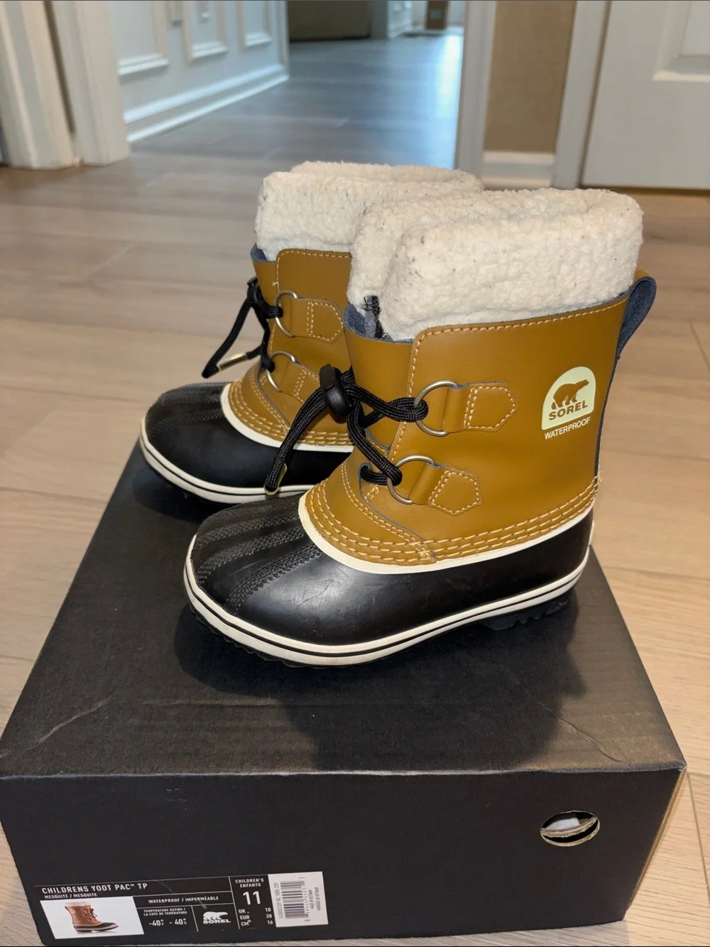 Sorel Children’s Yoot Pac Tan and Black Waterproof Winter Boots (size 11)